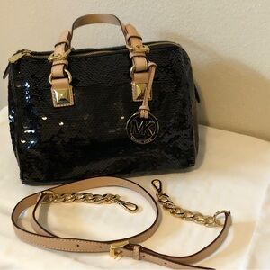 Michael Kors Black Sequin Grayson Satchel with Gold Accents